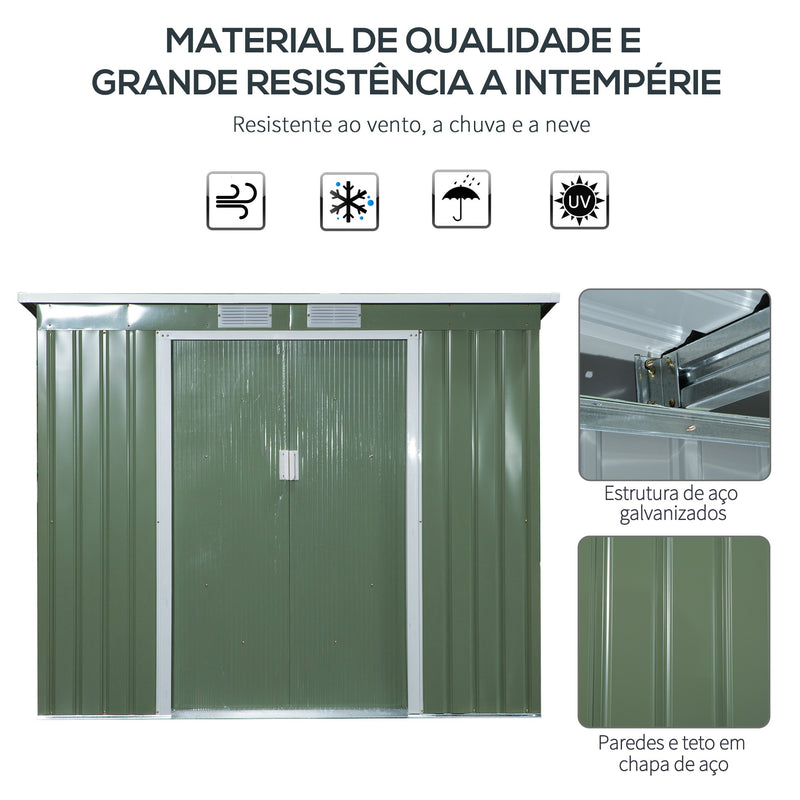 Abrigo de Jardim 213x130x173cm Abrigo de Exterior de Aço Galvanizado com Porta Corredeira e Ventilações para Armazenamento de Ferramentas Verde