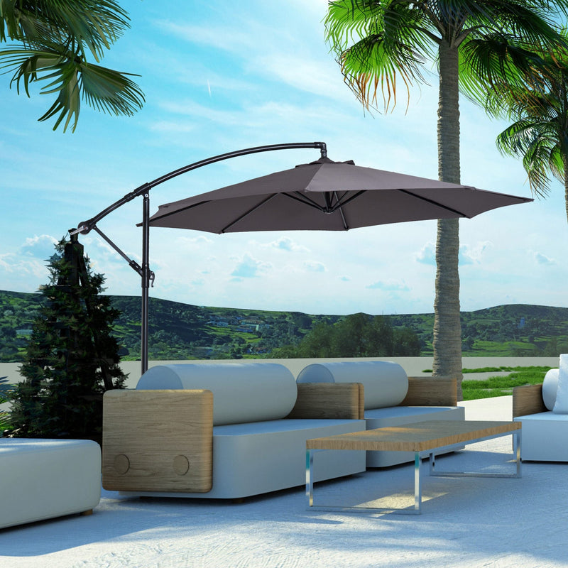 Chapéu de Sol de Jardim Ø300x250cm Chapéu de Sol Excêntrico Inclinável com Manivela Base Cruzada Suporte de Aço e Proteção Solar para Terraço Exterior Cinza