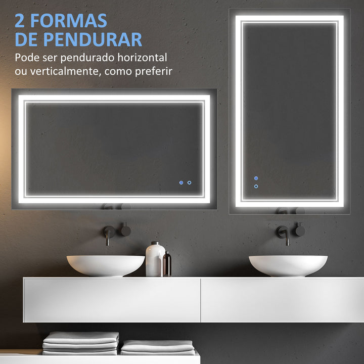 Espelho Casa de Banho com Luz LED 100x60cm Espelho de Parede com Interruptor Tátil 3 Luzes Ajustáveis Função de Memória e Estrutura de Alumínio Espelho Suspenso em 2 Formas Prata