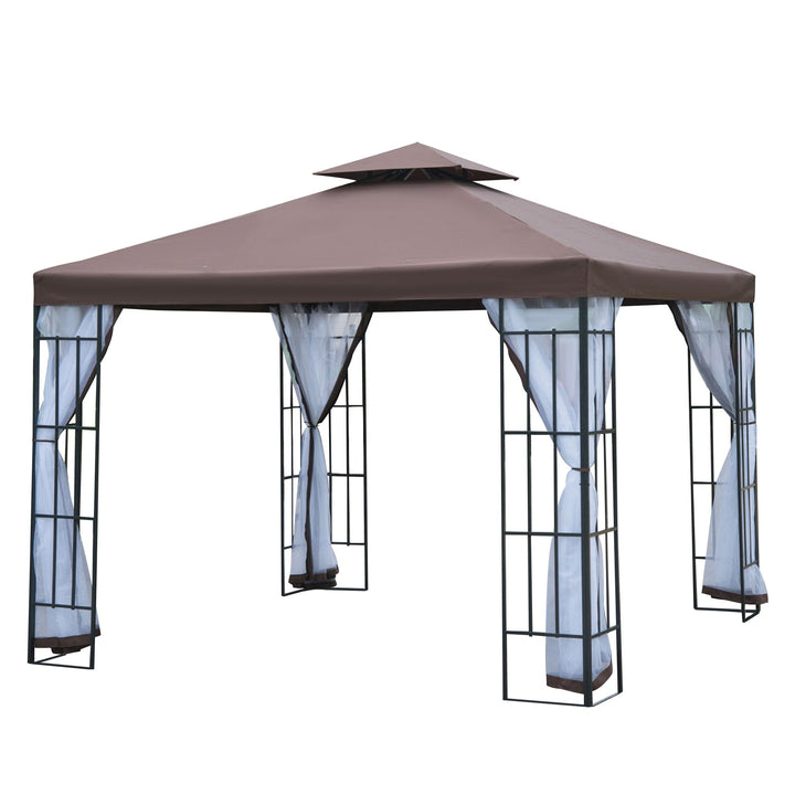 Pérgola de Jardim 3x3m Pérgola para Exterior com Duplo Teto de Ventilação 4 Telas Mosquiteiras Laterais Removíveis e Estrutura de Aço com Proteção Solar para Festas Eventos Café
