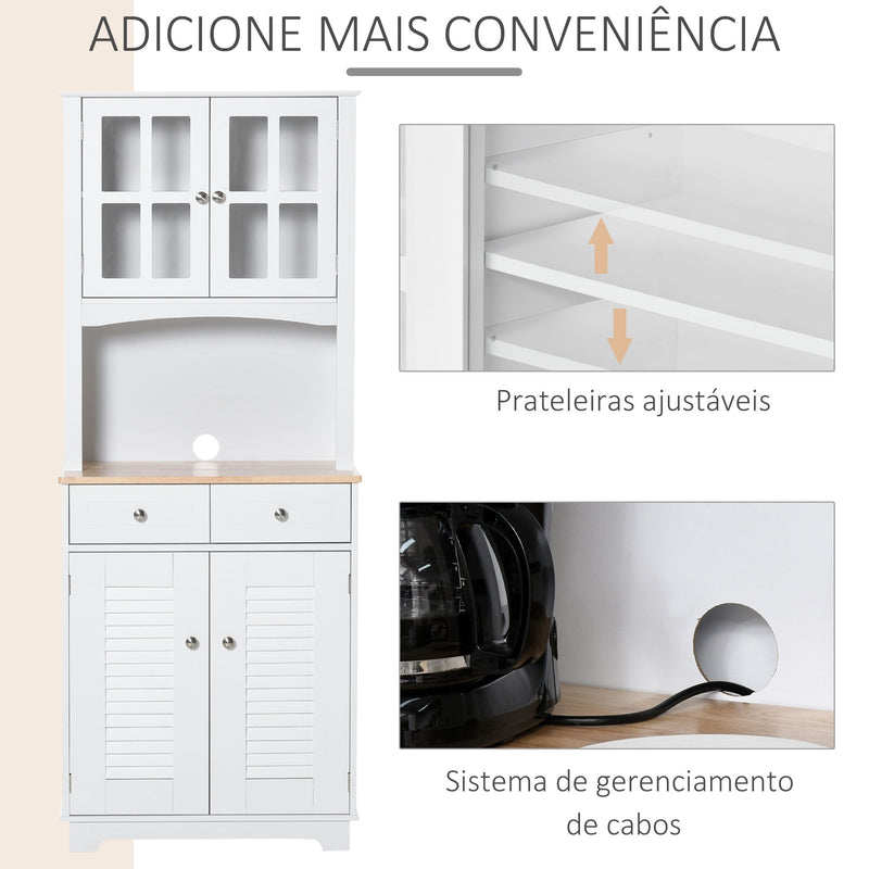 Armário de cozinha Armário aparador com 2 portas 2 gavetas e prateleira aberta para microondas 68x39,5x170 cm branco