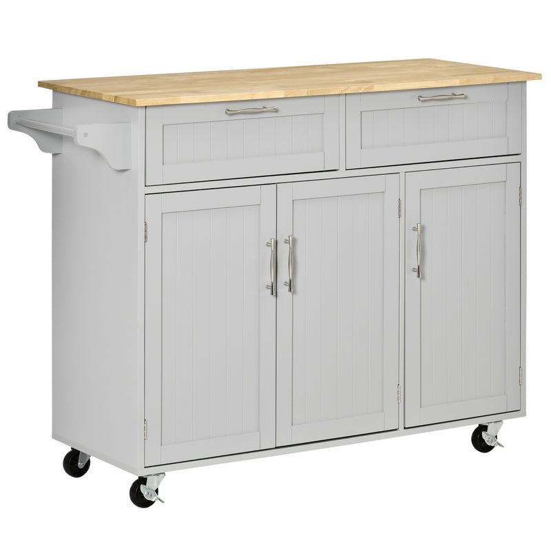 Carrinho de Cozinha com Rodas Carrinho de Cozinha Multiuso com 2 Gavetas 3 Portas Prateleiras Ajustáveis e Barra para Sala de Jantar 121x46x91cm Cinza e Madeira