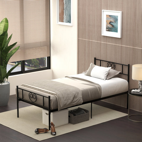 Estrutura de Cama Individual de Metal 31cm para Colchão 90x190cm com Cabeceira com Forma de Coração Estrutura de Cama com Espaço em Baixo de Armazenamento 95x196x100cm Preto