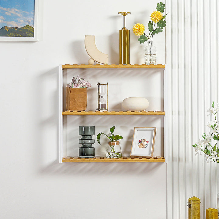 Estante de Parede de Bambu Prateleiras de Parede de 3 Níveis Estante Suspensa para Sala de Estar Dormitório Cozinha Casa de Banho 60x15x54cm Madeira e Branco