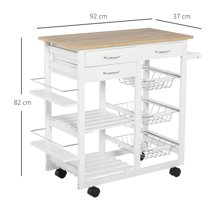 Carrinho de cozinha Carrinho de serviço multifuncional com gavetas Cestas Prateleiras de especiarias Toalheiro Rodas 92x37x82 cm Branco