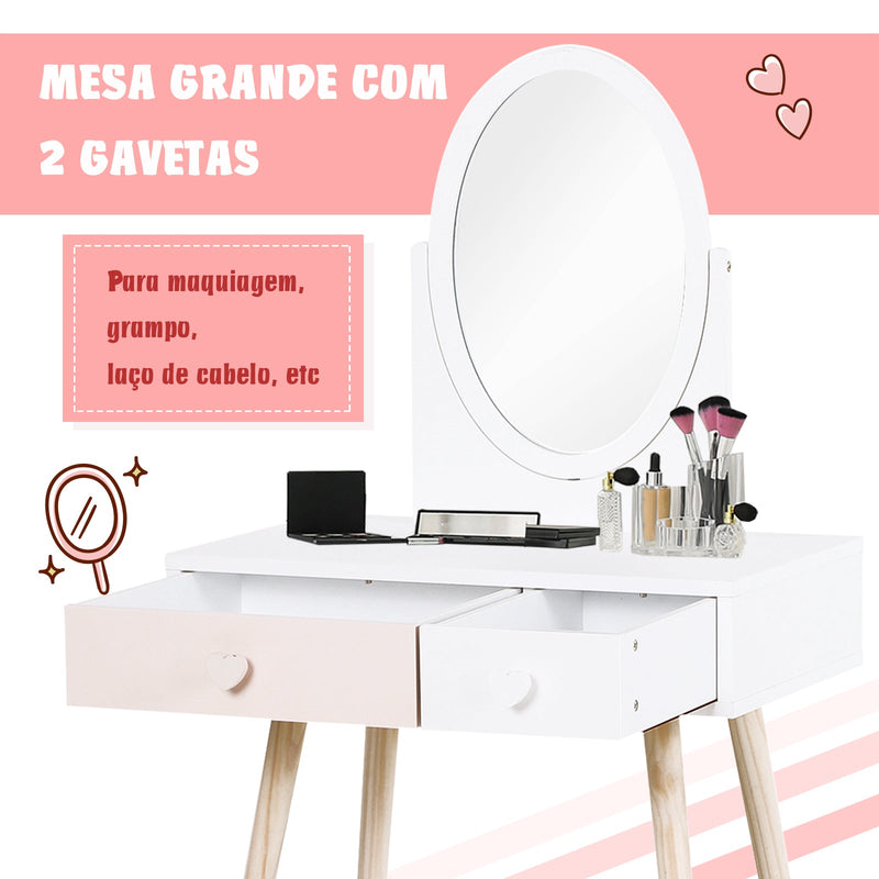 Toucador Cómoda com Espelho com 2 Gavetas 69x49x136 cm Branco e Rosa