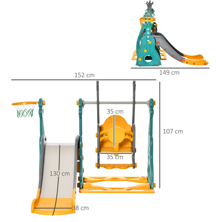 Escorega Infantil com Baloiço e Cesta de Basquetebol 3 em 1 para 18-36 Meses com Assento Ajustável Parque Infantil para Interior e Exterior 152x149x107cm Multicor