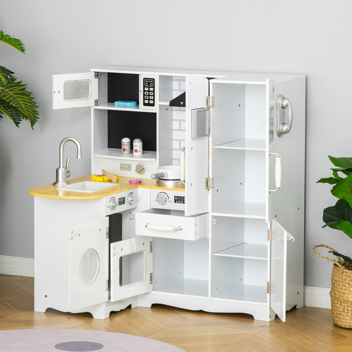 Cozinha Infantil de Madeira para Crianças acima de 3 Anos com Sons 14 Acessórios Cozinha Infantil com Telefone Lavatório Microondas e Grifo 82x65x87cm Branco
