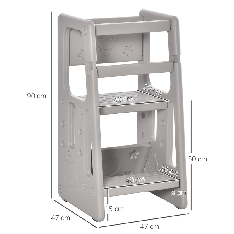 Torre de Aprendizagem para Crianças Banco Infantil com Altura Ajustável em 3 Posições e Plataforma Antiderrapante para Cozinha Sala de Jantar Casa de Banho 47x47x90cm Cinza