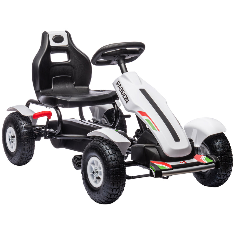 Kart a Pedais para Crianças Kart a Pedais Infantil com Assento Ajustável Pneus de Goma Travão de Mão para Crianças de 5-12 Anos Carga Máxima 50 kg 121x58x61 cm Branco