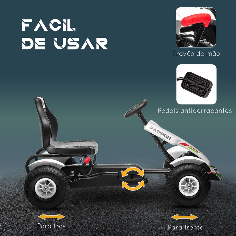 Kart a Pedais para Crianças Kart a Pedais Infantil com Assento Ajustável Pneus de Goma Travão de Mão para Crianças de 5-12 Anos Carga Máxima 50 kg 121x58x61 cm Branco