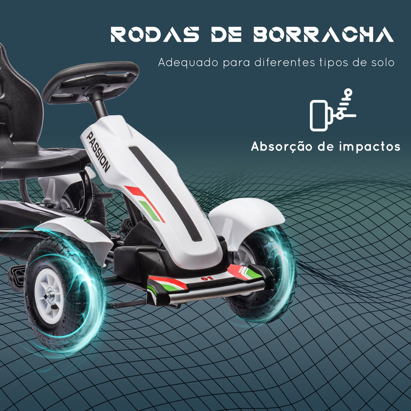 Kart a Pedais para Crianças Kart a Pedais Infantil com Assento Ajustável Pneus de Goma Travão de Mão para Crianças de 5-12 Anos Carga Máxima 50 kg 121x58x61 cm Branco