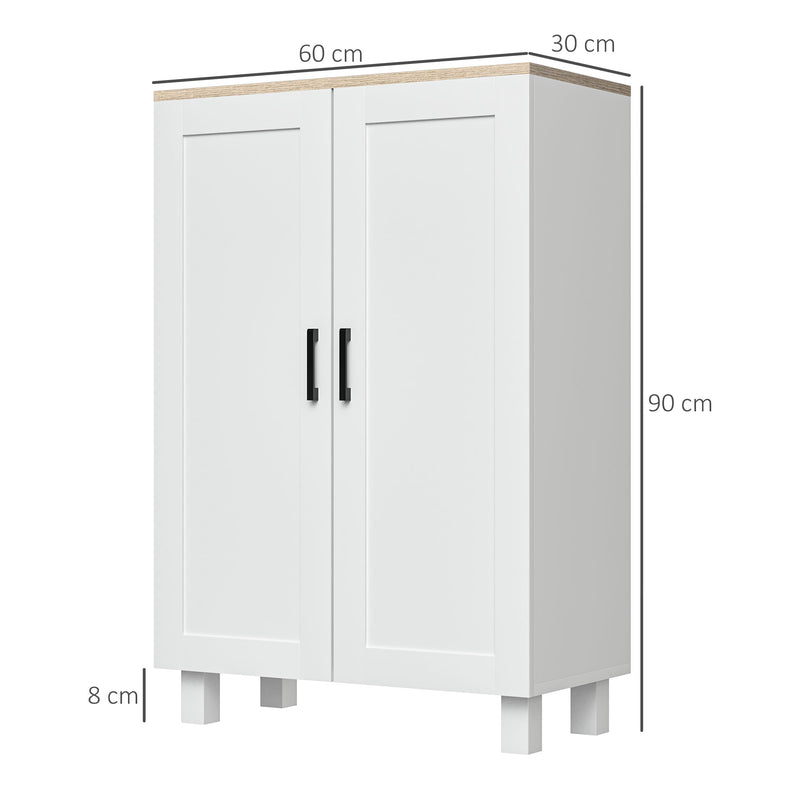 Armário de Sala de Estar Moderno Armário de Armazenamento com 2 Portas Prateleira Ajustável e Base Elevada para Cozinha Sala de Jantar Corredor Dormitório Sistema Anti-Tombo 60x30x90 cm Branco