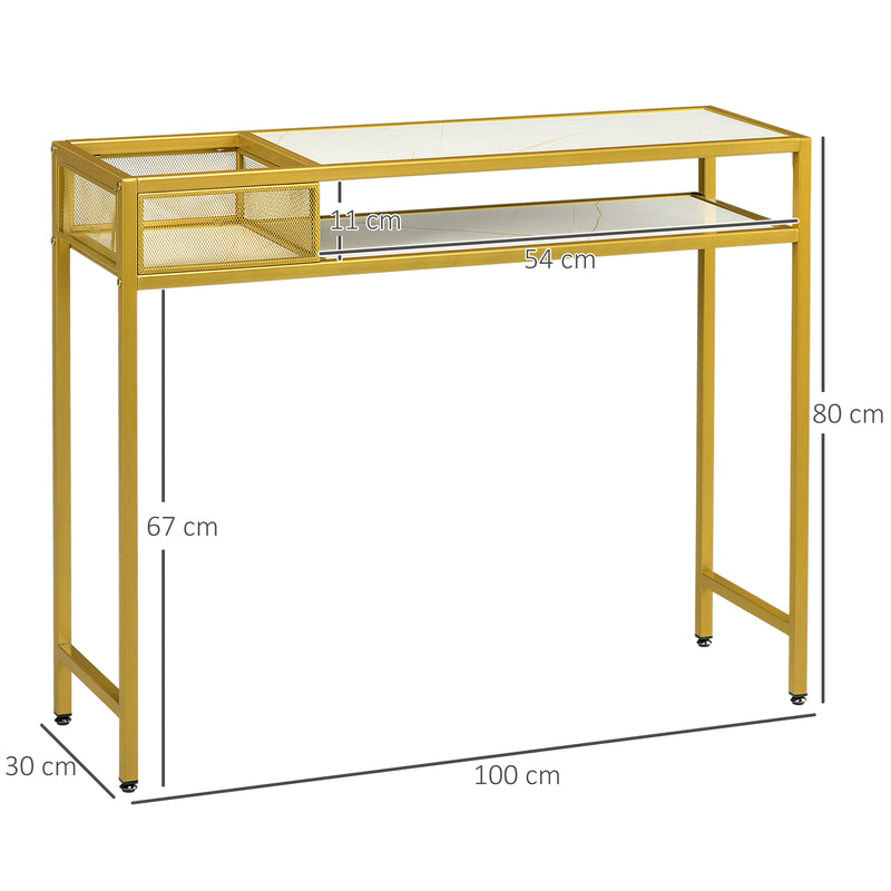 Mesa Consola Mesa de Entrada com Prateleira Cesta de Armazenamento e Estrutura de Aço Móvel de Entrada para Sala de Estar Corredor Carga Máxima 50 kg 100x30x80 cm Dourado e Branco