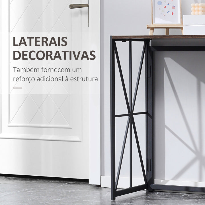 Consola Mesa de Entrada Estilo Industrial com Estrutura em Metal Dobrável e Bancada de MDF para Sala de Estar Entrada Corredor 100x38x80cm Marrom e Preto