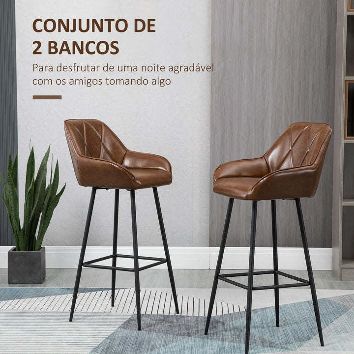 Conjunto de 2 Bancos Altos de Cozinha Bancos de Bar Estofados em PU com Encosto Alto Pés de Aço e Apoio para os Pés para Sala de Jantar Carga 120kg 50x47,5x102,5cm Marrom
