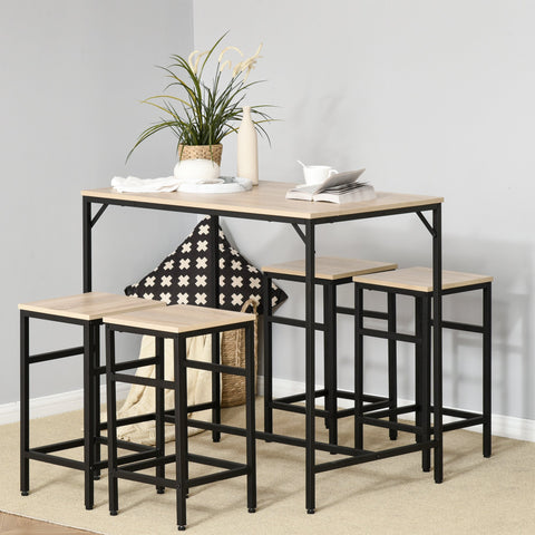 Conjunto de Mesa de Bar com 4 Bancos com Apoio para os Pés Conjunto de Móveis de 5 Peças Mesa de 100x60x88cm e Bancos de 32x32x57cm para Sala de Jantar Cozinha Preto e Carvalho