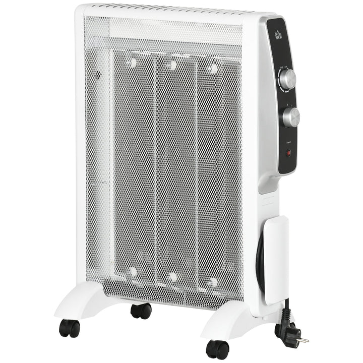 Aquecedor Elétrico 750W/1500W Aquecedor de Mica com Ecrã LED Controlo Remoto Termostato Temporizador e 4 Rodas para Área 15-18 m² 47x26,5x61,5cm Branco