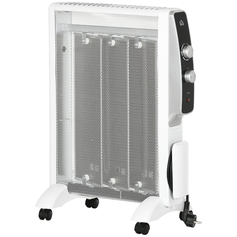 Aquecedor Elétrico 750W/1500W Aquecedor de Mica com Ecrã LED Controlo Remoto Termostato Temporizador e 4 Rodas para Área 15-18 m² 47x26,5x61,5cm Branco