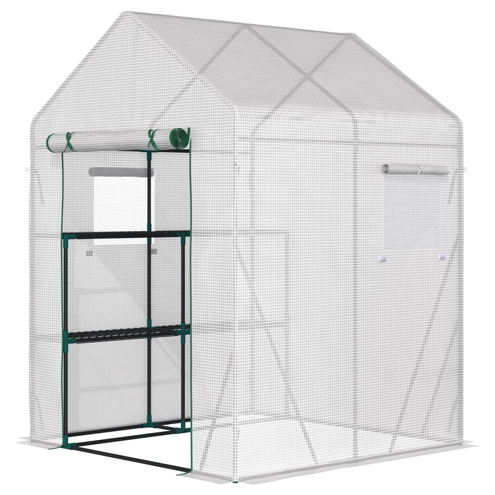 Estufa de Jardim 143x143x195cm Estufa de Aço com 2 Prateleiras Porta e 2 Janelas Enroláveis para Cultivo de Plantas Vasos de Flores Pátio Exterior Branco