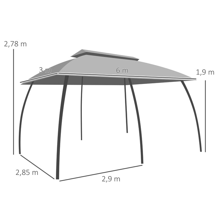 Pérgola de Jardim 3x6m Pérgola de Exterior com Teto Duplo 6 Cortinas Laterais 6 Telas Mosquiteiras com Zíper e Estrutura de Metal para Festas Eventos Pátio Cinza Escuro