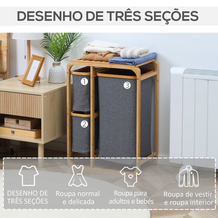 Cesto para Roupa Suja de Bambu Cesto de Roupa com 3 Bolsas de Tecido Amovíveis e Prateleira Aberta para Casa de Banho Dormitório 50x32x69,7cm Cinza e Madeira