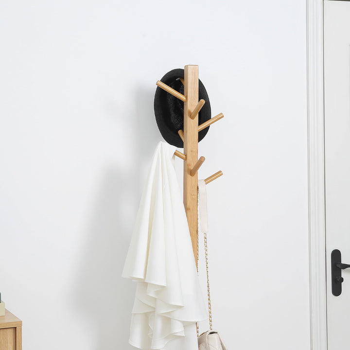 Cabide de Pé de Bambu com Banco Gaveta de Tecido e 8 Ganchos para Pendurar Roupa Bolsas Casacos para Entrada Sala de Estar Corredor 35x35x177cm Natural