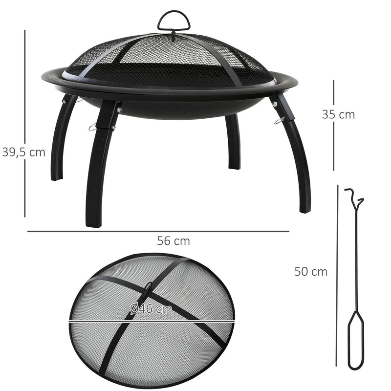 Braseiro ao ar livre Ø56 cm Fogueira Portátil para aquecimento varanda churrasco jardim com cobertura de rede Preto