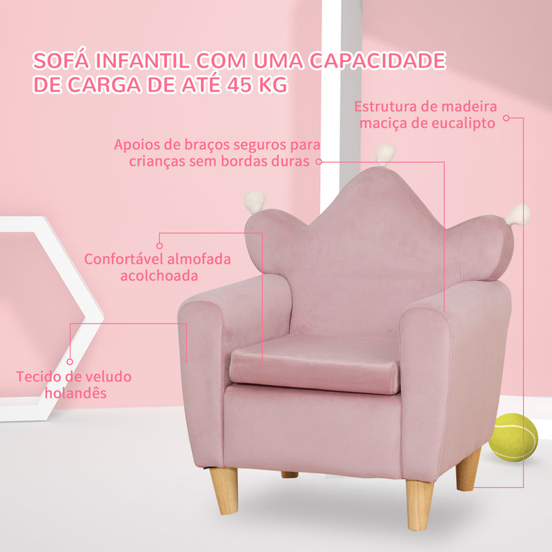 Poltrona Infantil Mini Sofá para Crianças Acima de 3 Anos com Assento Acolchoado Apoio para os Braços e Estrutura de Madeira Carga Máxima 45kg 50x42x58cm Rosa