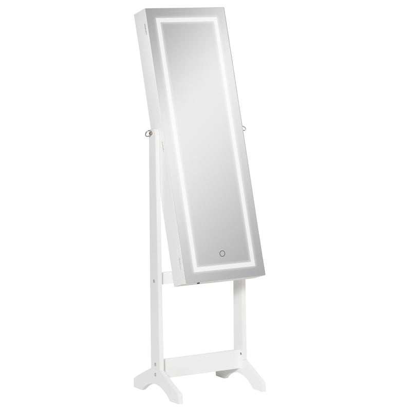 Joalheiro de Pé Armário para Jóias com Fita de Luz LED e Fechadura Magnética Organizador de Jóias com Prateleiras Ranhuras para Anéis Brincos 46x36,5x151,5cm Branco