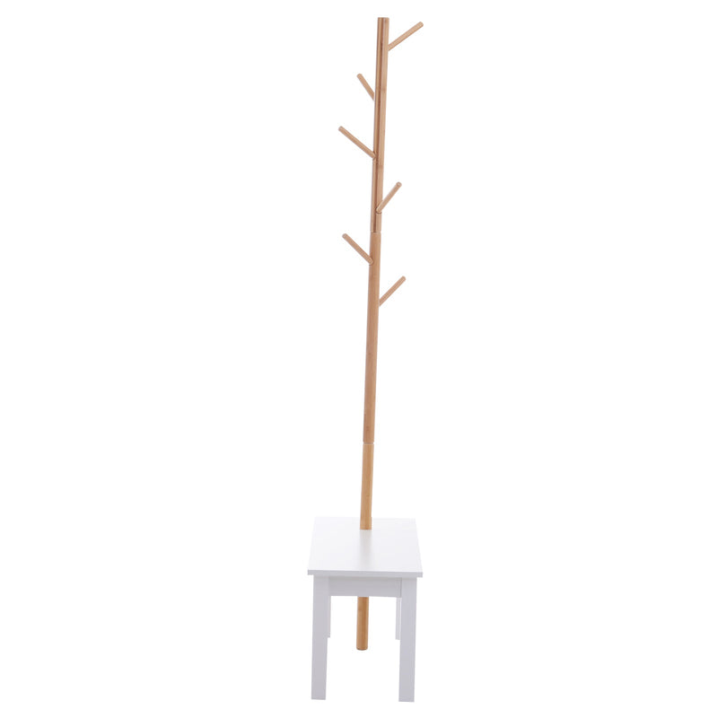 Cabide de Pé com Banco Pendurador Tipo Árvore Moderno 6 Ganchos para Pendurar Roupa Malas Corredor Entrada Bambu e MDF 80x30x180cm