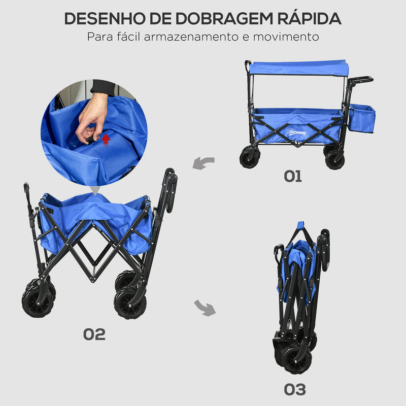 Carrinho de Transporte Dobrável para Praia Campismo Viajem com Toldo Guiador Rodas Altura Ajustável Carga Máxima 68kg 117x55x98 cm Azul