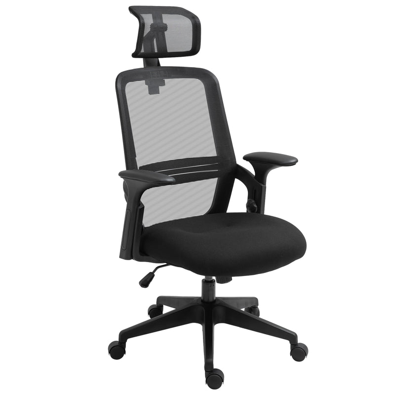 Cadeira de Escritório Ergonômica Giratória com Altura Ajustável Apoio para a Cabeça Suporte Lombar Reguláveis e Encosto Transpirável 63,5x64,5x113-122cm Preto