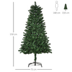 Árvore de Natal Artificial 150cm Ignífuga com 454 Ramas com 2 Tipos de Pontas de PVC e Base de Aço Decoração de Natal para Interiores Verde