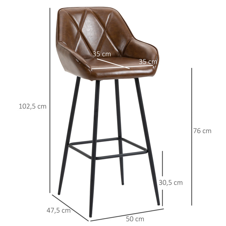 Conjunto de 2 Bancos Altos de Cozinha Bancos de Bar Estofados em PU com Encosto Alto Pés de Aço e Apoio para os Pés para Sala de Jantar Carga 120kg 50x47,5x102,5cm Marrom