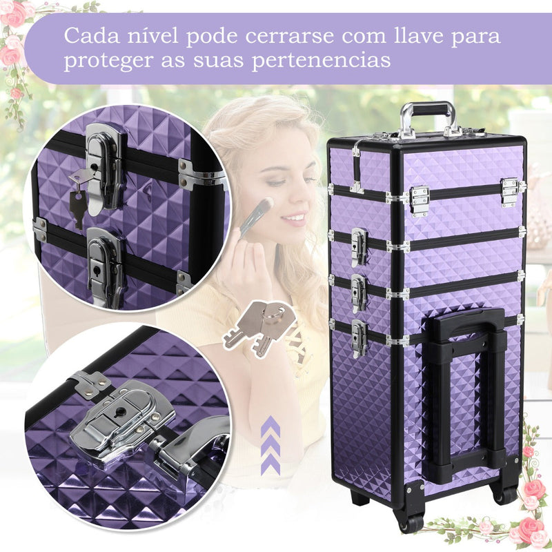 Estojo de maquiagem profissional com alça e rodas Trolley de diferentes níveis Estojo de maquiagem 33.5x23x76 / 95.5 cm