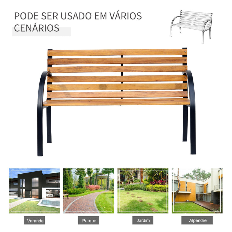 Banco de jardim 2 lugares com encosto e apoios de braços Ripas de madeira e estrutura de aço Carga 230 kg 122x60x80 cm Cor natural e preto