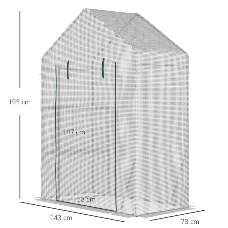 Estufa de Jardim 143x73x195cm Estufa de Aço com 2 Prateleiras e Porta Enrolável para Cultivos de Plantas Vasos de Flores Pátio Exterior Branco