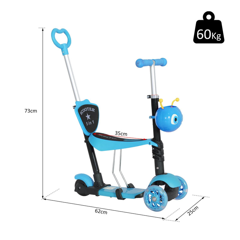 trotinete 5 em 1 para crianças de acima de1 ano trotinete de 3 rodas com assento removível guiador ajustável 62x25x72,5 cm Azul