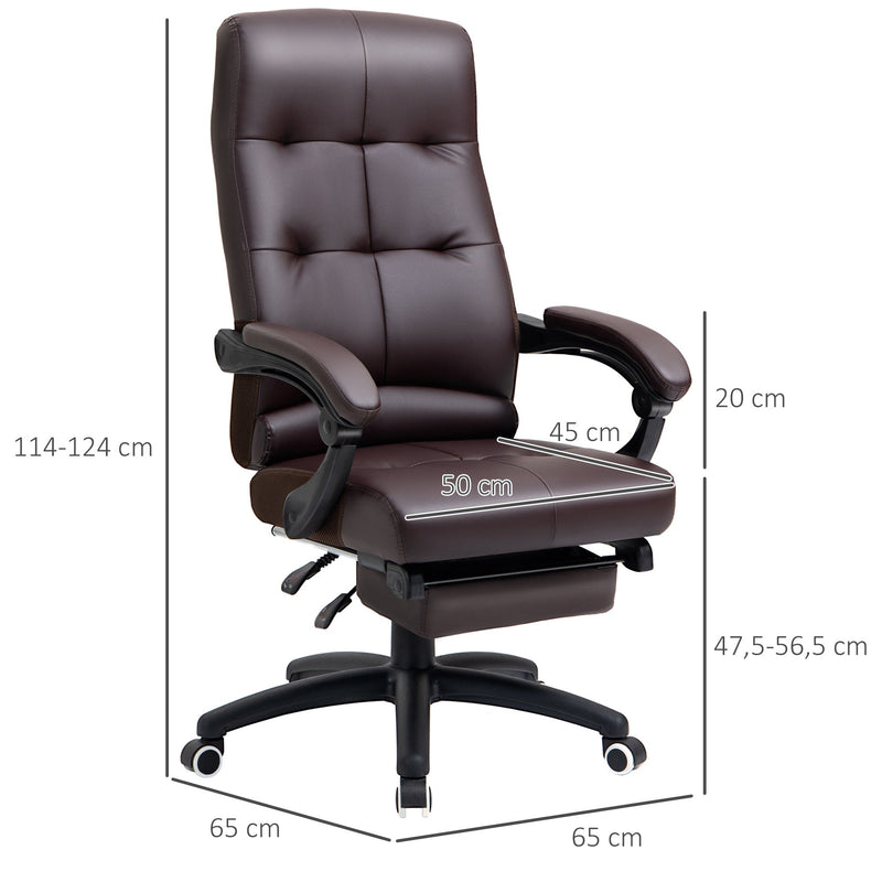 Cadeira de escritório ergonômica giratória com função de inclinação altura ajustável Apoio de braço e apoio para os pés em couro sintético 65x65x114-124 cm marrom