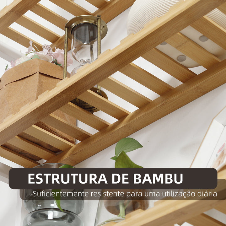 Estante de Parede de Bambu Prateleiras de Parede de 3 Níveis Estante Suspensa para Sala de Estar Dormitório Cozinha Casa de Banho 60x15x54cm Madeira e Branco