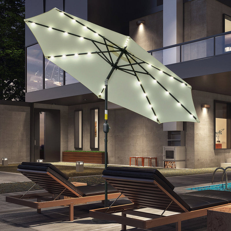 Chapéu de Sol com 32 Luzes LED Solares Ø265x233cm Chapéu de Sol Inclinável com Manivela e Mastro de Aço para Terraço Pátio Exterior Bege