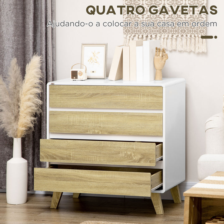 Cómoda com 4 Gavetas de Madeira Cómoda com Pés Elevados para Sala de Estar Dormitório Escritório 80x40x79,5cm Carvalho e Branco