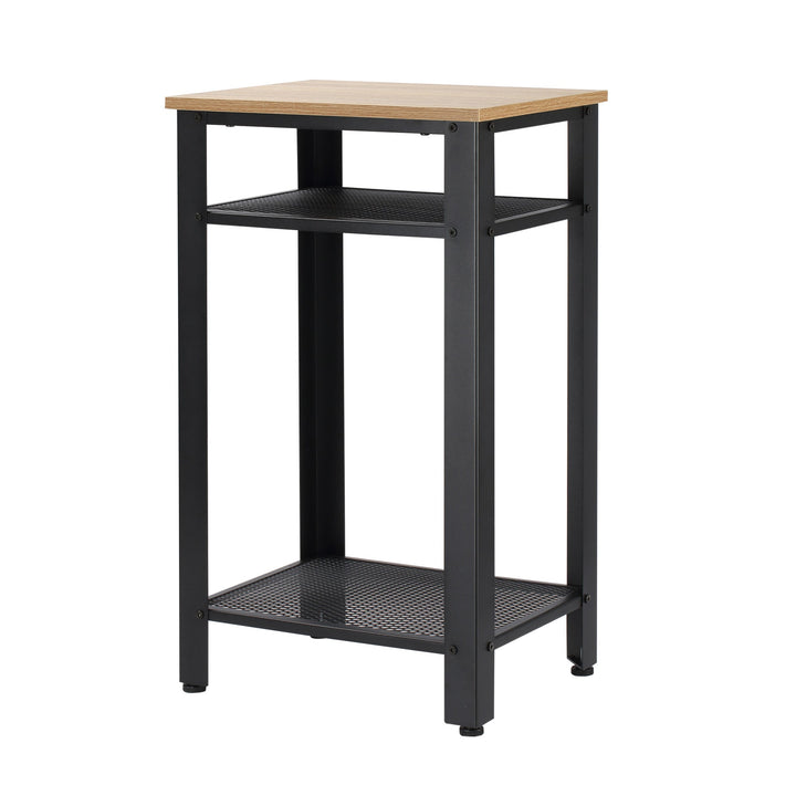 Mesa Auxiliar Mesa de Cabeceira Estilo Industrial com 2 Prateleiras de Grade de Metal e Pés Ajustáveis 45x35x75cm Carvalho e Branco