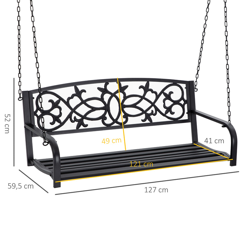 Banco Baloiço de 2 Lugares Banco Suspenso de Aço com Apoio para os Braços Carga Máx. 240kg para Jardim Varanda Exterior 127x59,5x52cm Preto