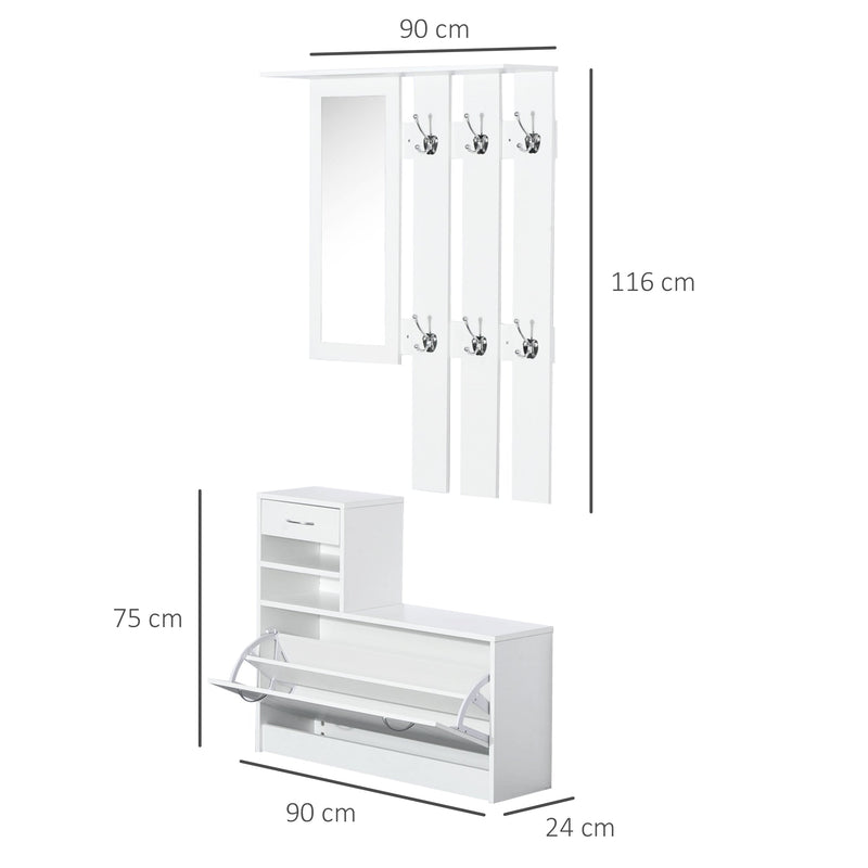 Conjunto de Móveis de Entrada Bengaleiro com Espelho e Sapateira com Gaveta 90x24x75 cm Branco