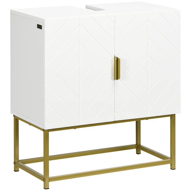 Móvel para Lavatório Pousar Armário para Casa de Banho Moderno com 2 Portas e Pés de Aço 60x30x65 cm Branco e Dourado