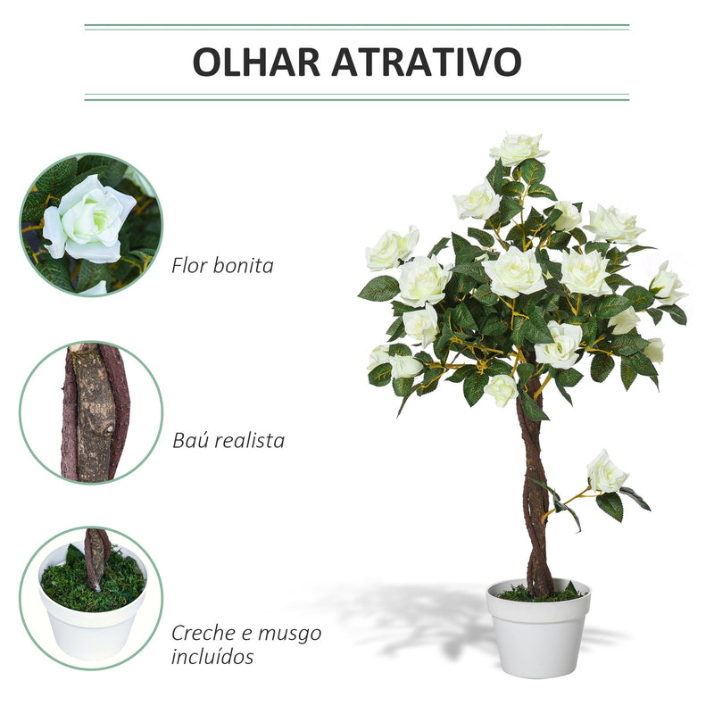 Planta artificial de 90 cm Rosa branca realista com 21 flores e 350 folhas Pote de cimento incluído para interior e exterior