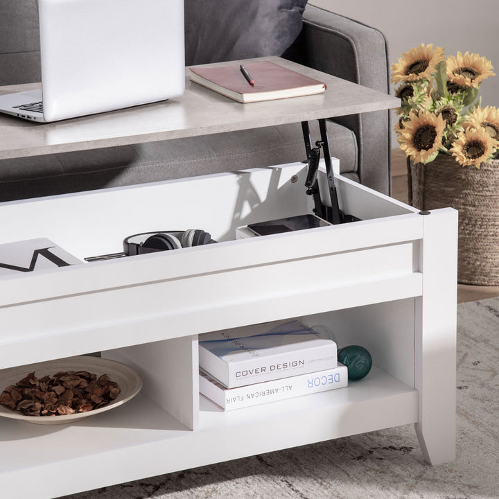 Mesa de Centro com Bancada Elevável Mesa de Centro com 2 Compartimentos Abertos Bancada de Imitação a Mármore Mesa Retangular para Sala de Estar 105x50x49cm Branco