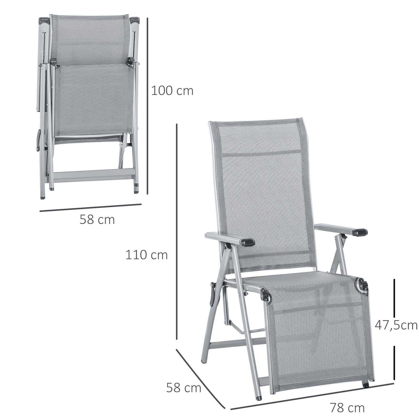 Espreguiçadeira dobrável para jardim Cadeira ajustável de 10 posições com encosto alto e apoio para pés carga máx. 150 kg 78x58x110 cm Cinza